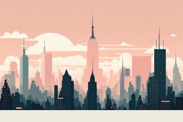 Skyline illustration of a big city with skyscrapers. Ai generated.