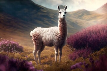 Fototapeta premium A white llama grazes grass on the mountain. AI generated.
