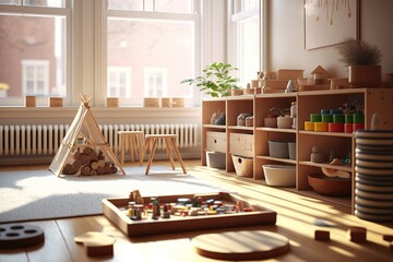 A study class in elementary school with montessori material, natural. Ai generated.