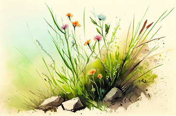 flowers in the grass, watercolor texture, botanical background