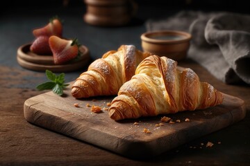 Fresh croissants on a wooden board. AI generation