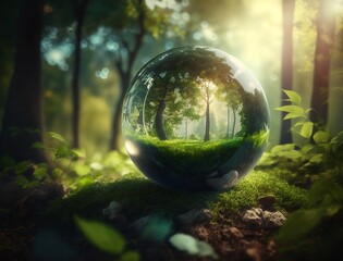 Obraz na płótnie Canvas Environment Concept - Globe Glass In Green Forest With Sunlight, generative ai