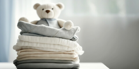 Stack of folded baby clothes and accessories. Generative AI