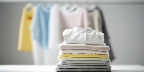 Stack of folded baby clothes and accessories. Generative AI - 581931623