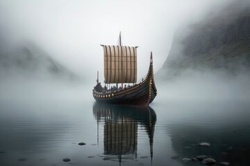 Vikings boat in a fog. AI generation - obrazy, fototapety, plakaty