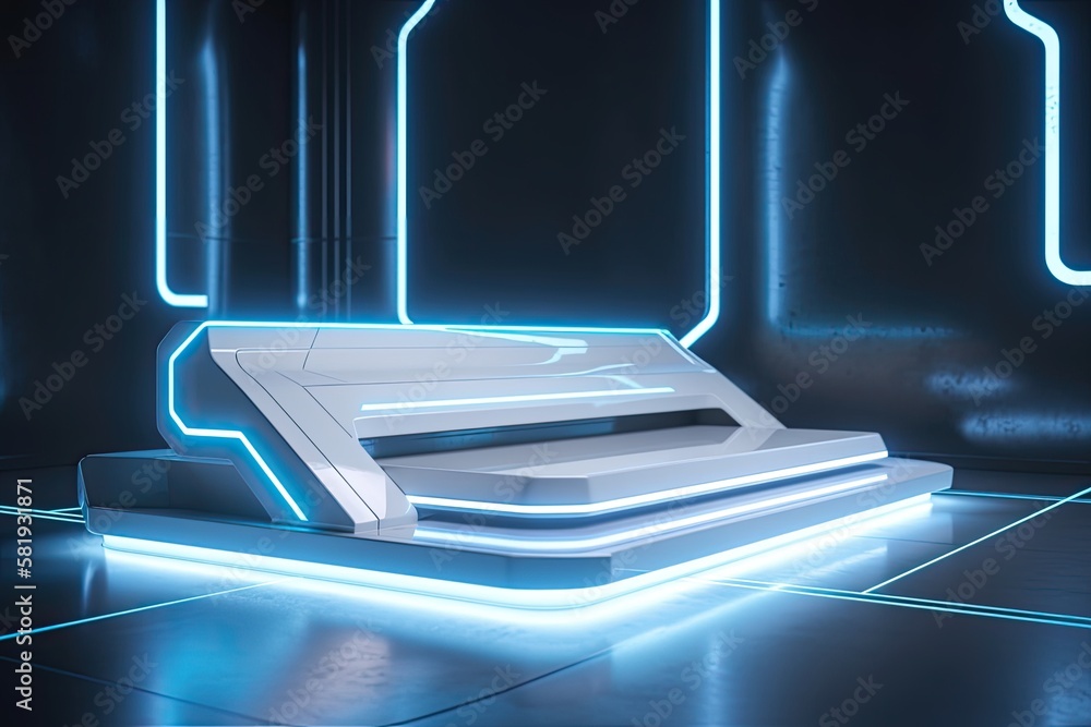 Poster mockup for a white sci fi product display. a platform with white neon lights for science. generative