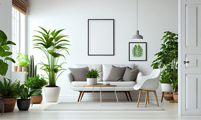 Frame mockup empty on wall in living room with sofa and houseplants. Generative AI