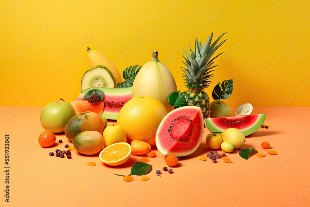 Aufkleber inventive summer fruit based design. flat lie in the tropics. notion of food. on a yellow background