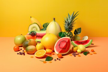 Inventive summer fruit based design. flat lie in the tropics. notion of food. On a yellow background, melon, coconut, watermelon, kiwi, apricot, lemon, and orange juice may be seen. Generative AI