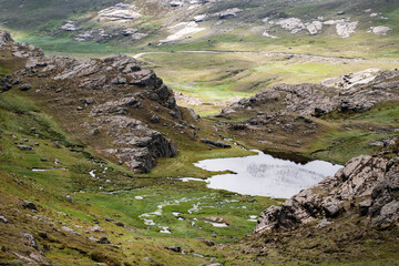 landscape mountain, lake and river in the mountains