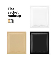 Realistic flat square sachet mockups with different materials. Vector illustration isolated on white background. Front view. Great way to presentation your products. EPS10. 