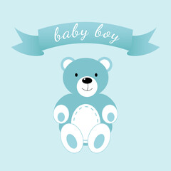 Baby shower banner with blue bear and text Baby Boy on blue background. It s a boy.