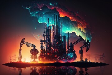 Oil gas industry business in fairy tale fantasy style. AI generated, human enhanced.