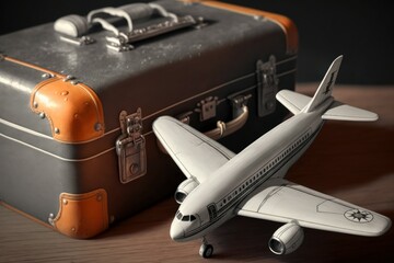 Old vintage retro suitcase and toy airplane. Travel concept. Background with selective focus. AI generated