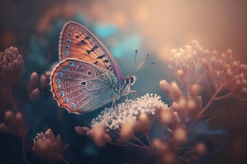 Romantic natural floral background with a butterfly on flower with bokeh, close-up macro. AI generated, human enhanced