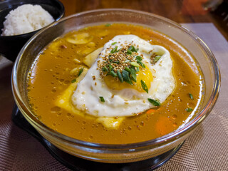 The delicious Ramyon soup with fried egg and rice.