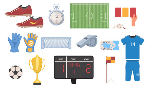Set of Football match elements. Stickers with soccer uniform, boots, ball, trophy, goalkeeper gloves and field. Team sport and competition. Cartoon flat vector collection isolated on white background