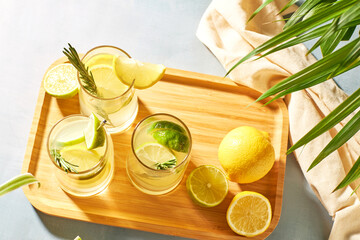Summer refreshing drinks or cocktails with lemon, lime and rosemary. Cool lemon drinks in the heat