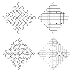 Rangoli or muggu or kolam is an art form originating in the Indian subcontinent. Patterns are created on the floor or the ground using materials such as limestone powder, rice powder or flower petals.