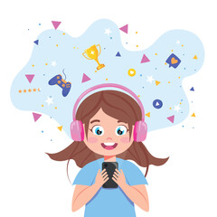 Vector illustration of a girl looking at social networks on a smartphone: watching videos, playing games. Cartoon scene of a girl in headphones looking at the phone and listening to music.