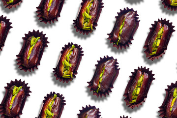 Sweet dates stuffed with chopped pistachios, wrapped in a package on a white background. Isolated. Pattern.