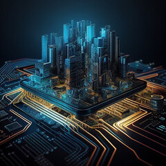 Fototapeta na wymiar Futuristic Smart city on circuit board , Abstract Computer Circuit Cyberspace , Technology circuit cyberspace design, Generative AI
