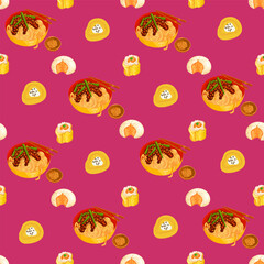 Chinese food seamless pattern. Hand drawn different types of asian food in wooden steamers repeating background. Tasty chinese food, delicious har gao, sticky rice, rolls.