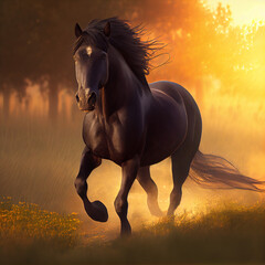 a black horse from the front running in a field, photorealism, DSLR photography, light flares, golden hour, detailed, Generative AI