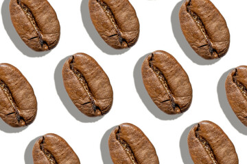 Seamless coffee pattern. Top view on coffee beans isolated on white background. Macro pattern.