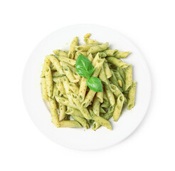 Plate with pesto pasta on white background