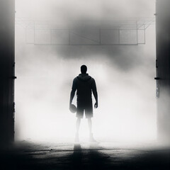 Basketball player, a arena in background, fog, no face, from back