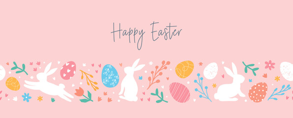 Fototapeta na wymiar Happy Easter. Lovely Easter horizontal banner with pattern by eggs, doodles, bunnies, flowers. Easter festive border. Suitable for textiles, greeting cards, wallpaper, wrapping paper.
