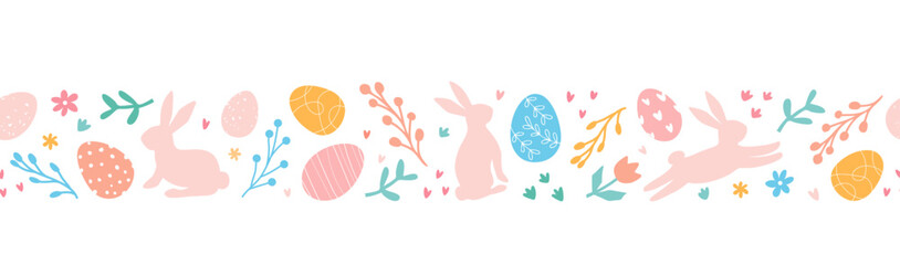 Fototapeta na wymiar Lovely hand drawn Easter horizontal seamless pattern with doodle eggs, bunnies, flowers. Easter festive border. Suitable for textiles, banners, wallpaper, wrapping paper.