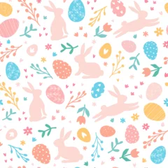 Fotobehang Lovely hand drawn Easter seamless pattern with bunnies, doodles, flowers, easter eggs, beautiful background. Suitable for Easter cards, banner, textiles, wallpapers. Vector illustration. © Anna Bova