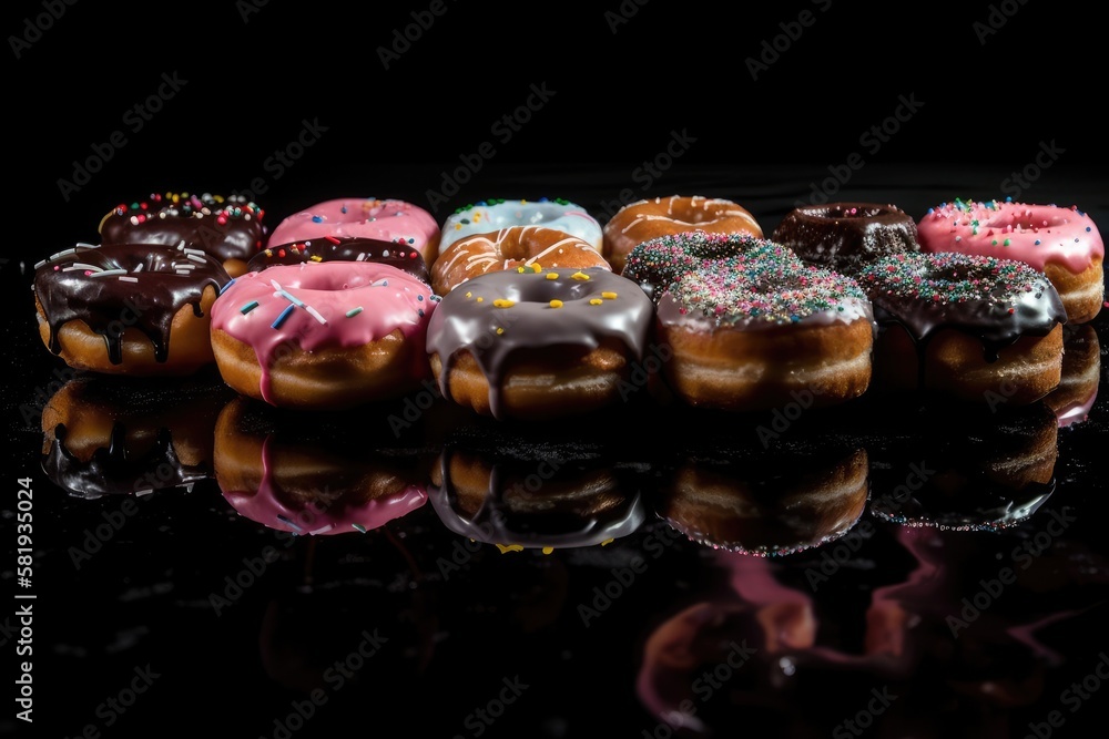 Poster set of glazed donuts in the air with sprinkles on a background of black with reflections. generative