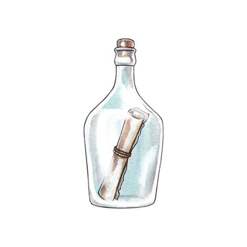 Letter in a bottle isolated on a white background. Glass bottle with a message. Watercolor hand drawn illustration for clipart. Can be used for postcards, invitations, prints.