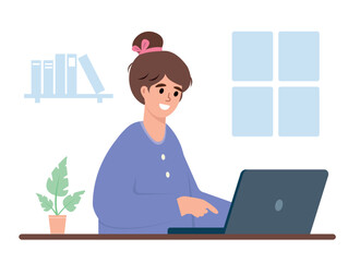 Young woman using laptop to work or study. Cute girl with computer. Online education, communication, chatting in social media and working. Vector illustration.