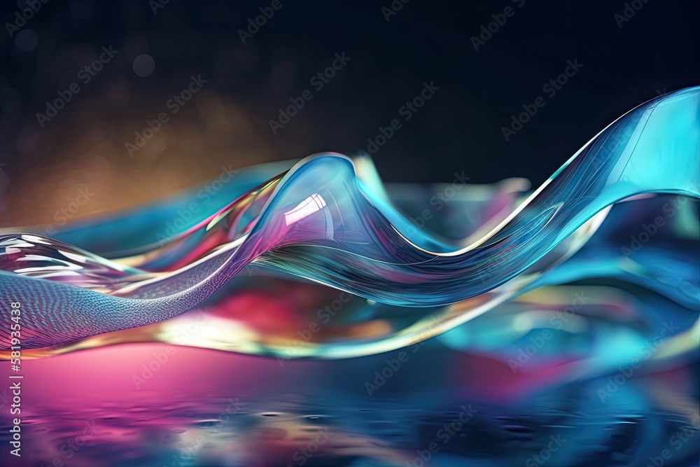 Poster the abstract. water with a glass ribbon. motion of a holographic shape. digital graphic with an irid