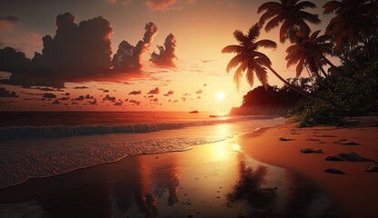 Tropical sunset coconut palm trees silhouettes, Beautiful sunrise over the tropical beach, - obrazy, fototapety, plakaty