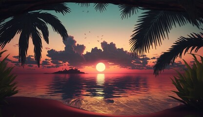 Naklejka na ściany i meble Beautiful sunrise over the tropical beach, Tropical sunset coconut palm trees silhouettes