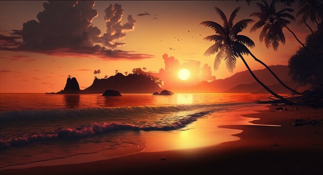 Beautiful sunrise over the tropical beach, Tropical sunset coconut palm trees silhouettes