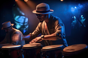 Obraz premium Generative AI Illustration of a Latin percussionist playing his percussion set during a live performance at a concert
