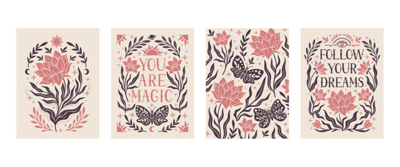Boho posters set. Collection of bohemian postcards with positive quotes. Flowers and butterfly, plants and insects. Good vibes only. Cartoon flat vector illustrations isolated on white background © Rudzhan