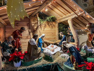 Kalety Miotek, Poland, January 1, 2023: Nativity scene (Christmas crib) in the church of St. Francis of Assisi in Miotek, Silesia, Poland