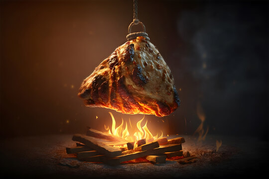 Pork knuckle hanging over a campfire on a dark background.  Flames and smoke on dark background. Baked meat. Delicious dish. Meat with spices and sauce. Generative AI technology.
