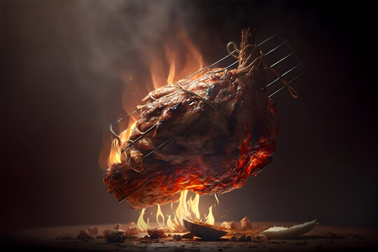 Pork knuckle hanging over a campfire on a dark background.  Flames and smoke on dark background. Baked meat. Delicious dish. Meat with spices and sauce. Generative AI technology.