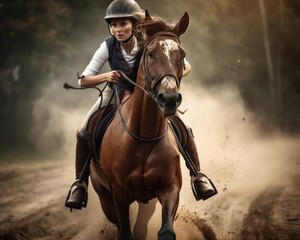 Female rider on beautiful horse running gallop, Generative AI	