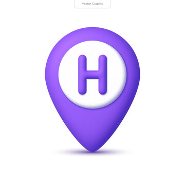 3D realistic vector location icon. Destination pointer with letter H, hotel or hospital sign. 3D vector render illustration.