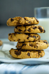 Pile of homemade American chocolate chip cookie. 