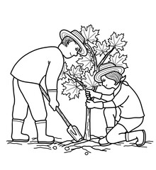 Young couple planting red maple tree. Outdoors gardening concept. Illustration drawing black and white.